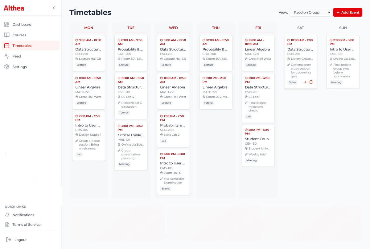 Althea Timetable Feature